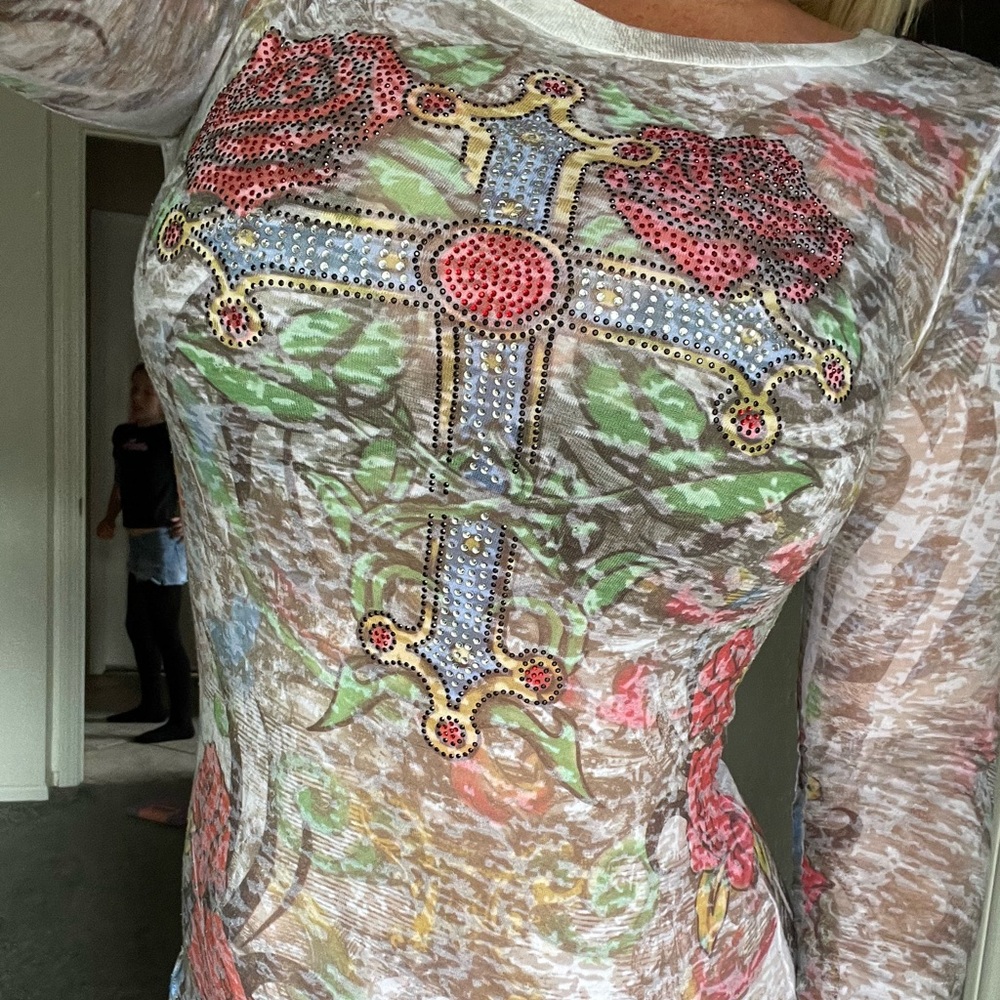 VOCAL BUCKLE LONG SLEEVE BURNOUT TATTOO RHINESTONES